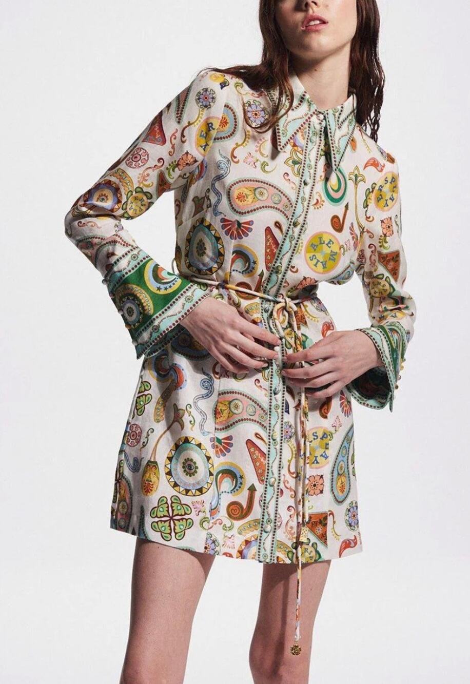 Alemais Arcade Printed Linen Mini Shirt Dress Women’s Sz. 4